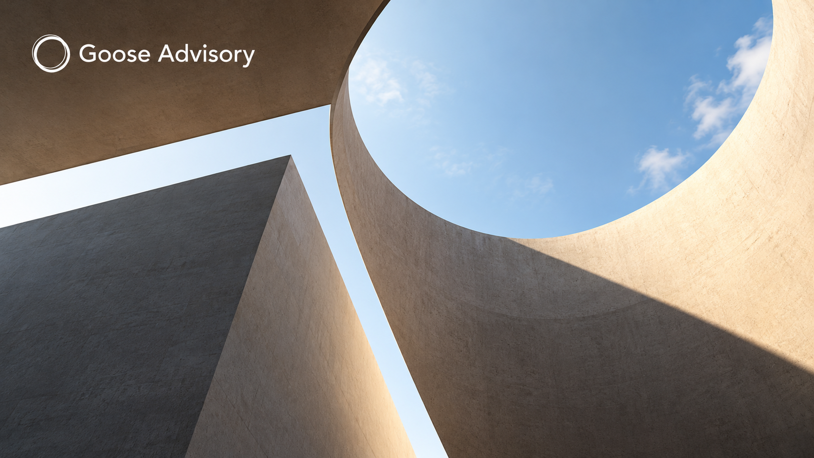 Minimalist concrete architecture framing a circular opening to the sky, with Goose Advisory branding.